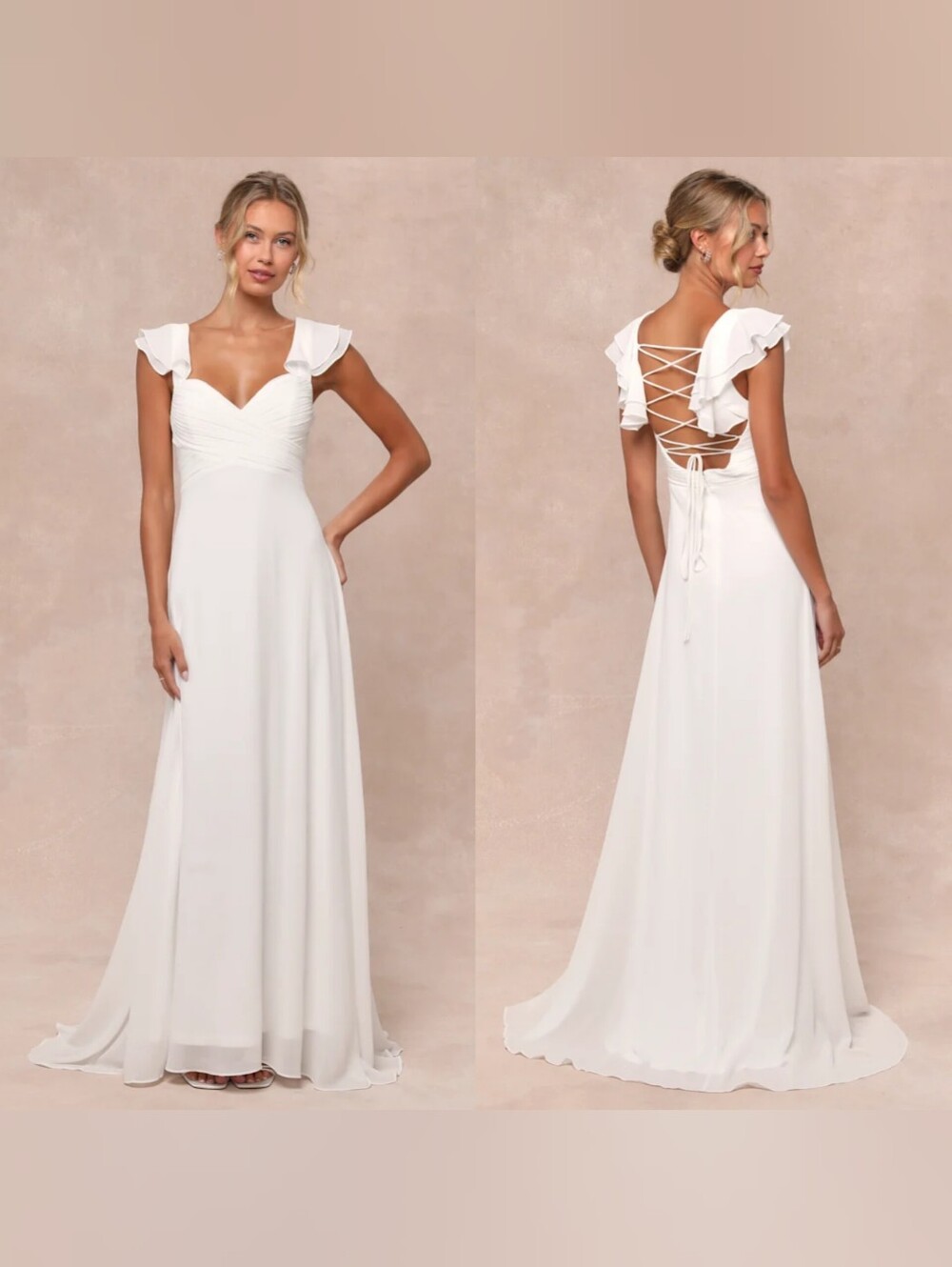 Lulus Heavenly Romance White Pleated Flutter Sleeve Lace-Up Maxi Dress M Wedding